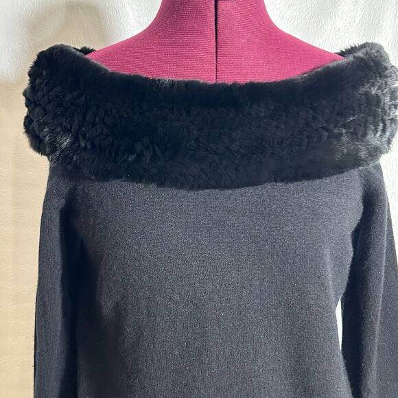 C By Bloomingdale's Cashmere Pullover Sweater Rabbit Fur Neckline Size XS Black - Picture 5 of 11